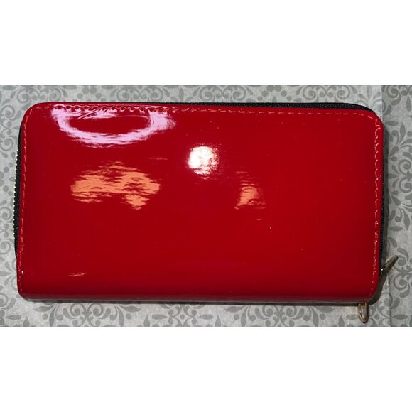Red Patent Leather Double-Zipper Wallet Multiple Compartments & Gold Hardware - Picture 1 of 3